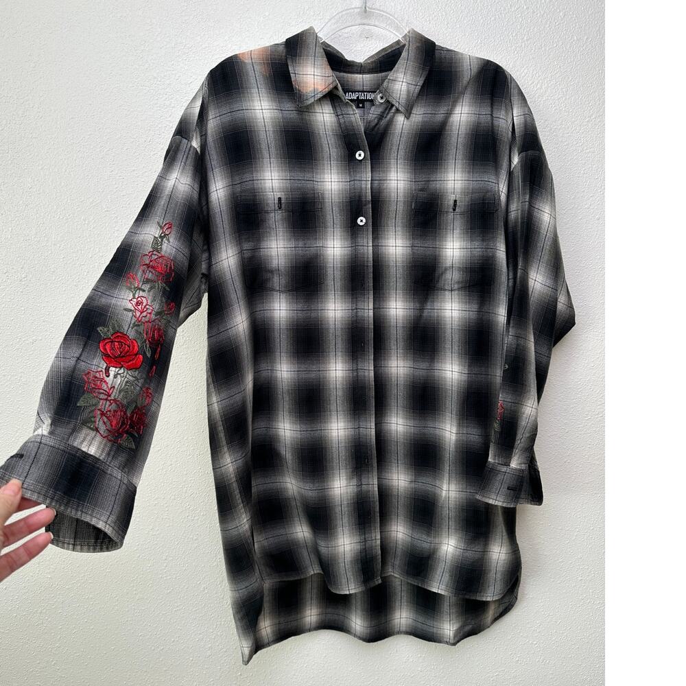 Adaptation Rose Embroidered Plaid Longline Shirt Dress Black White M - Picture 4 of 16